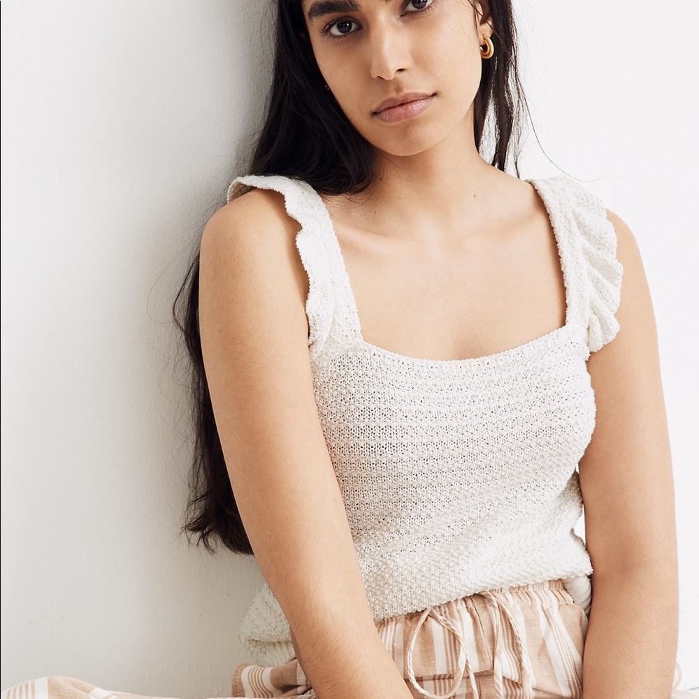 Madewell Cream Crocheted Ruffle-Strap Sweater Tank